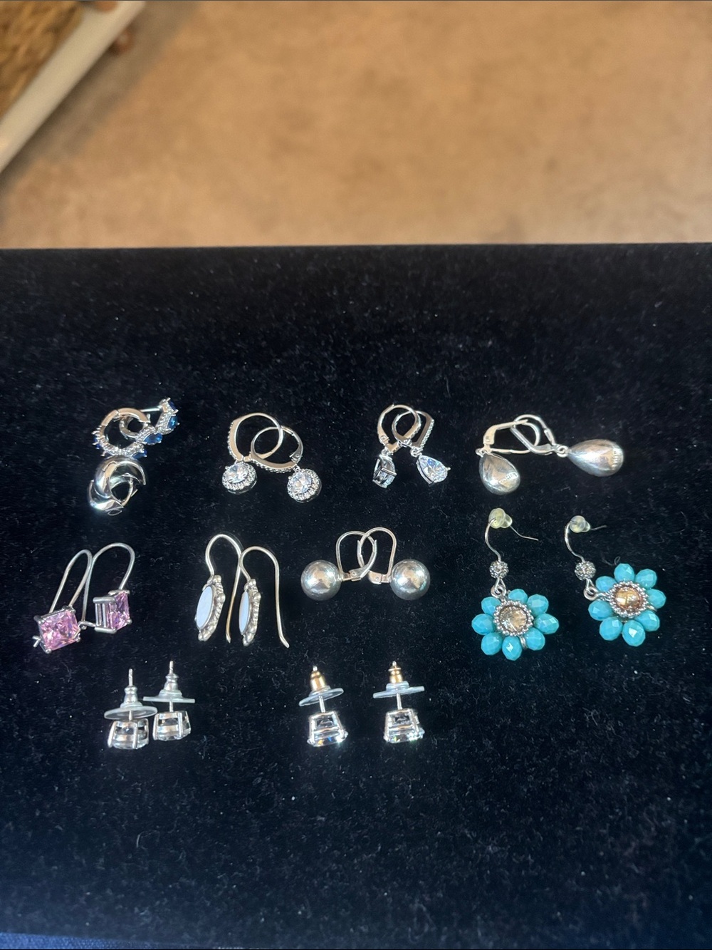 Mixed Silver Tone Women's Earring Set - Blue Flower & Silver Studs.  10 pair.